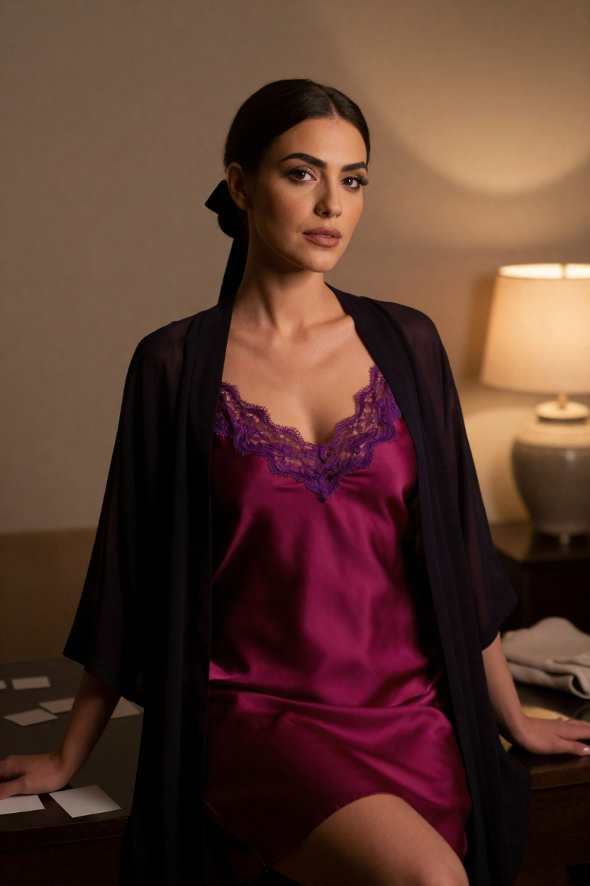 Photorealistic boudoir portrait of a fictional adult woman, 29 years old, dark hair in a low